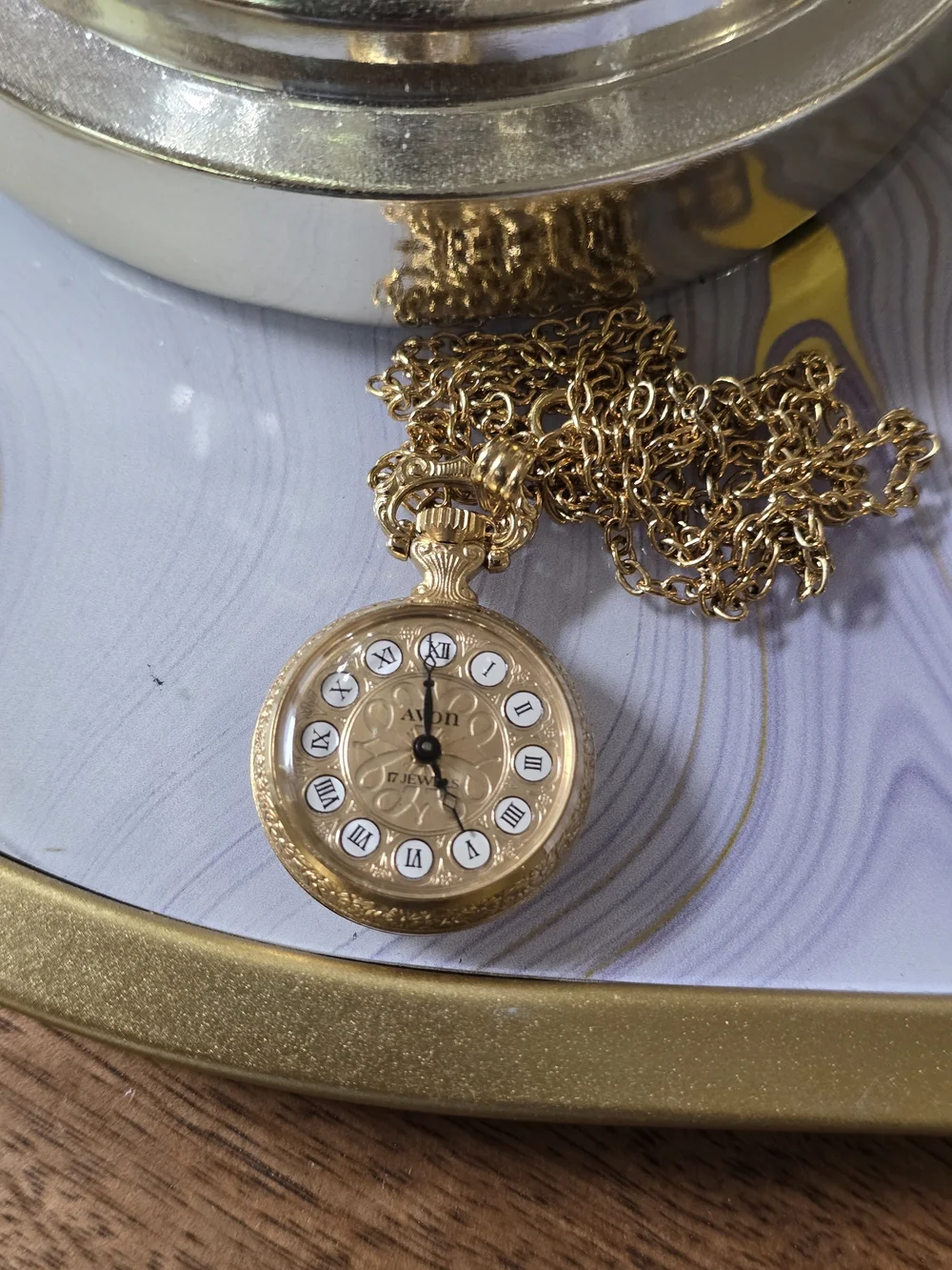 Avon Gold Pocket Watch Pendant Necklace with White Dial Accents